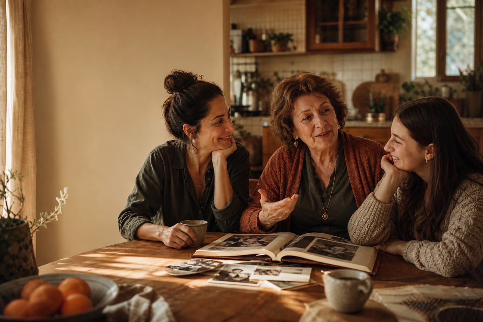 Three generations sharing family photographs around a kitchen table