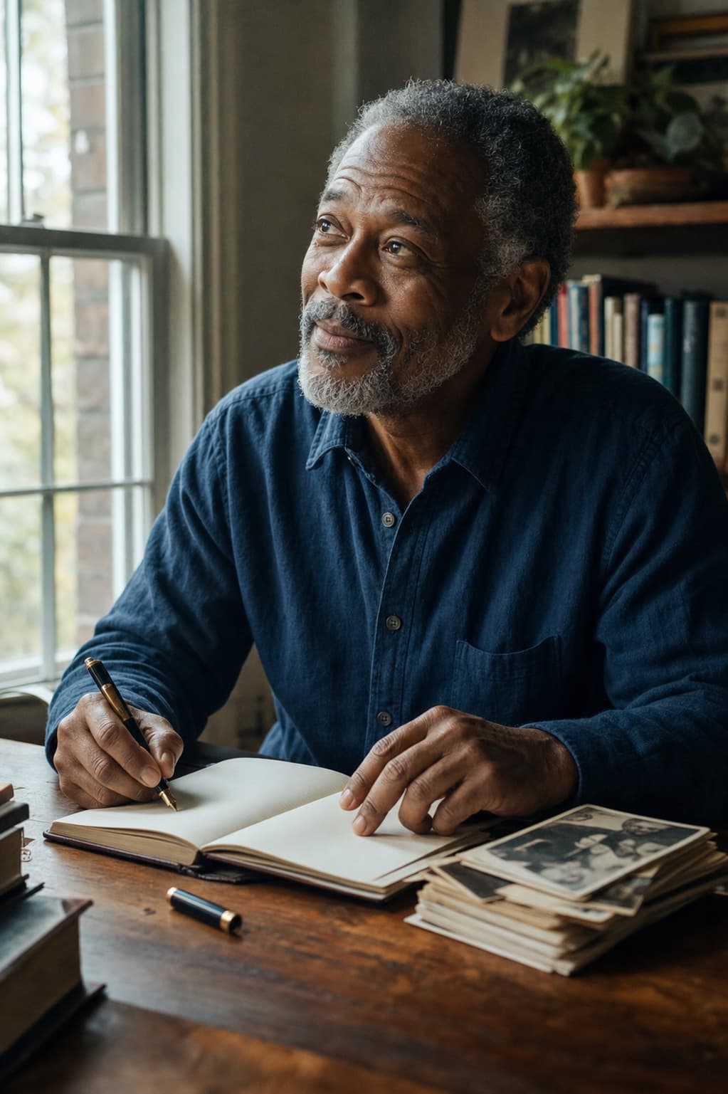 An older man pausing over a journal beside a stack of family photographs